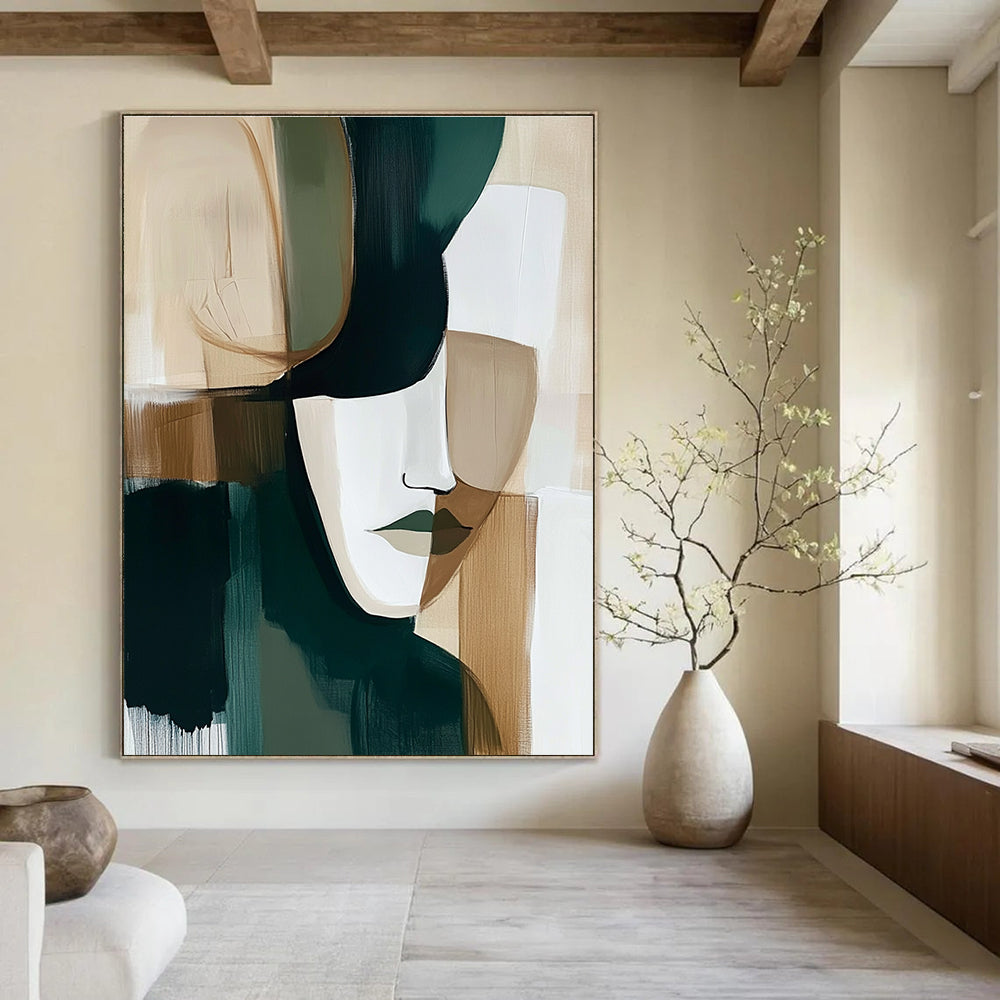 Abstract painting in dark green beige and white tones perfect for modern decor adding elegance and intrigue to any space.STSC749