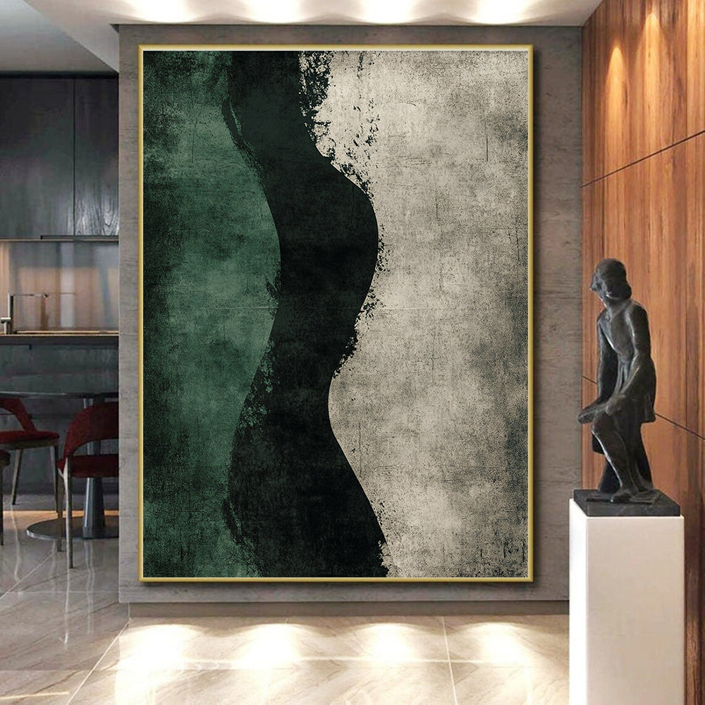 Green and Black Silhouette Abstract Painting with Textured Background GER150