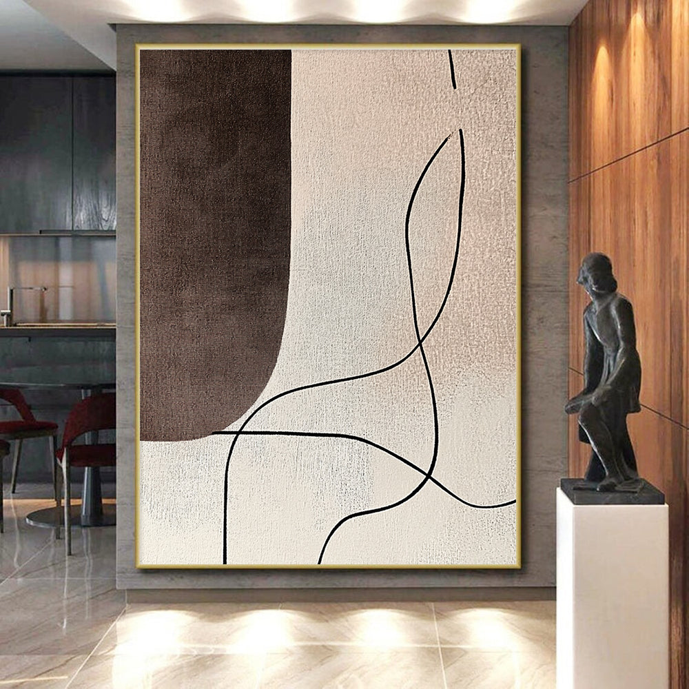 Brown and Beige Abstract Painting with Curved Black Lines GER181