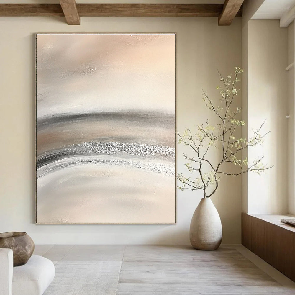 Abstract painting featuring soft gray and white striped desert sand with silver dust conveying serenity and tranquility through minimalist design.STSC949