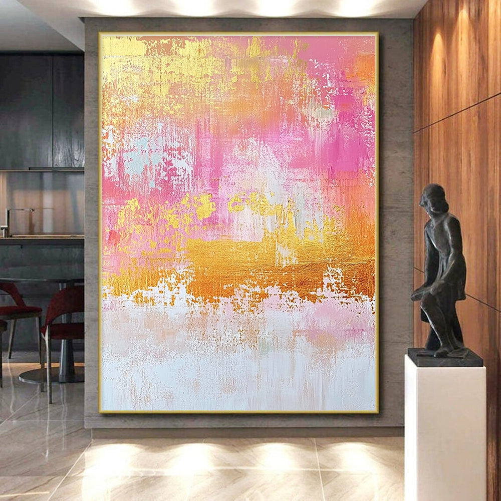 Pink and Gold Abstract Painting with Shimmering Textures GER451