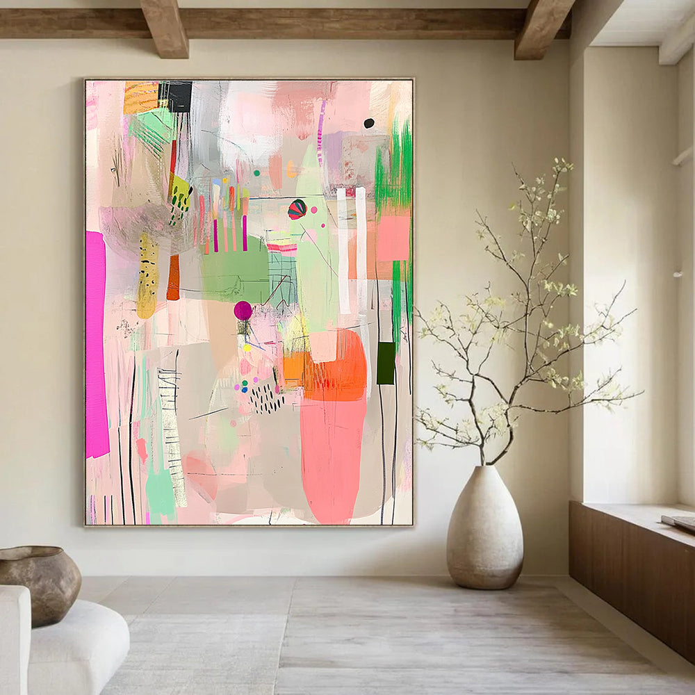 Large abstract artwork features vibrant pinks greens and yellows with playful textures patterns and a joyful sense of movement against a soft white background.STSC573