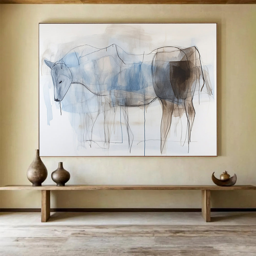 Line Drawing Horse Abstract Painting with Blue and Brown DYP329