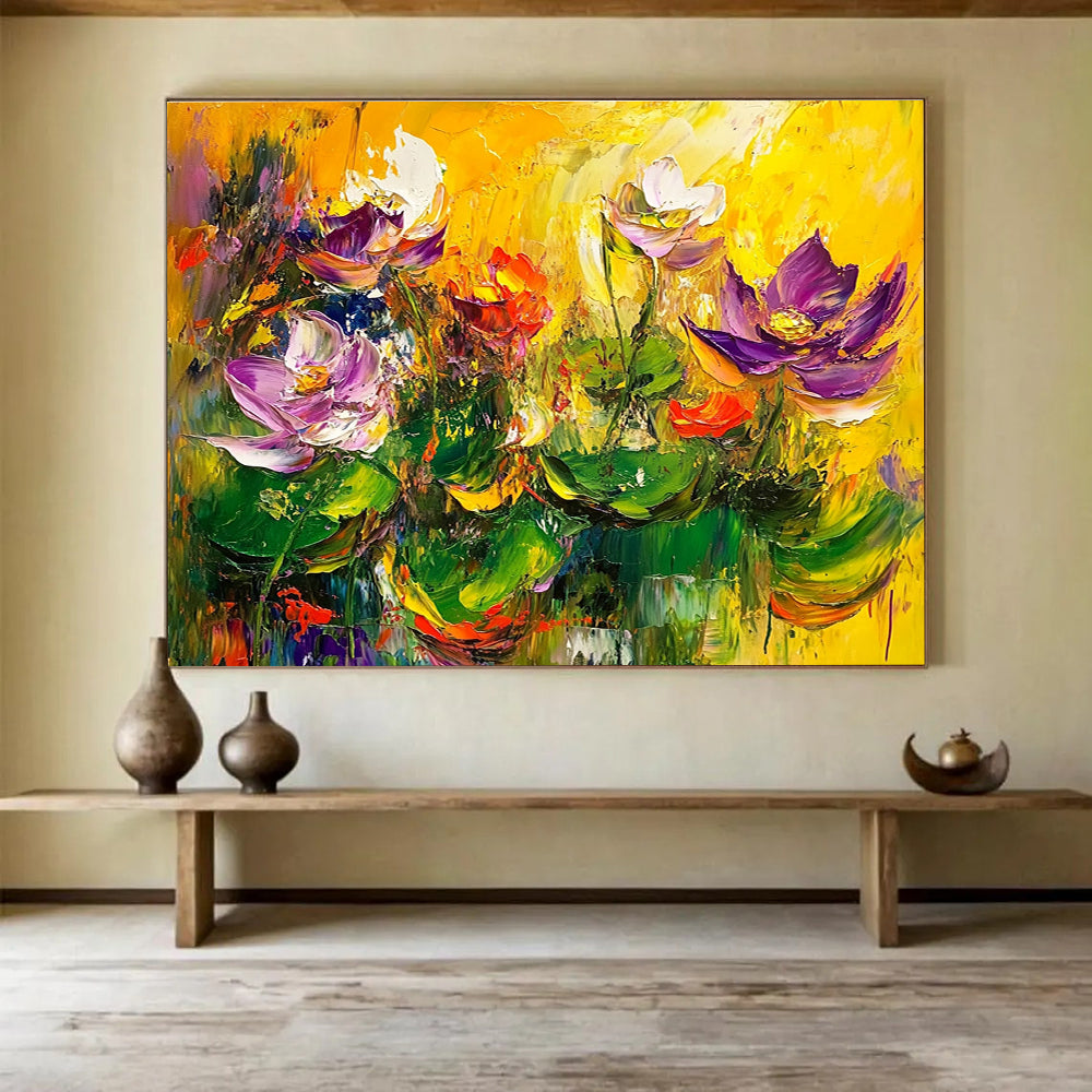 Large abstract painting featuring lotus flowers in green and purple on a yellow background with thick brush strokes and vibrant colors.SC195