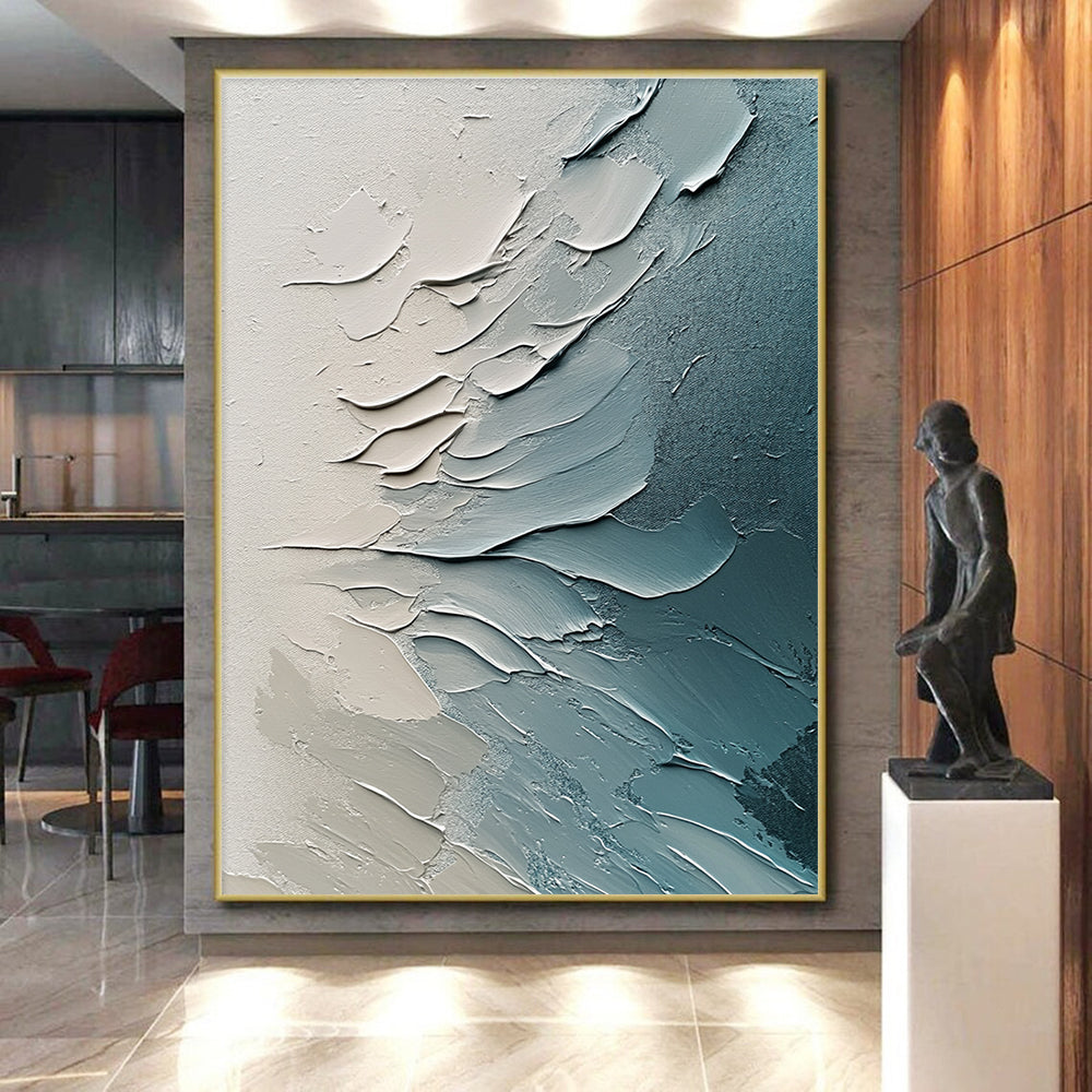 Blue Gray and White Textured Abstract Painting with Layered Brushstrokes GER648