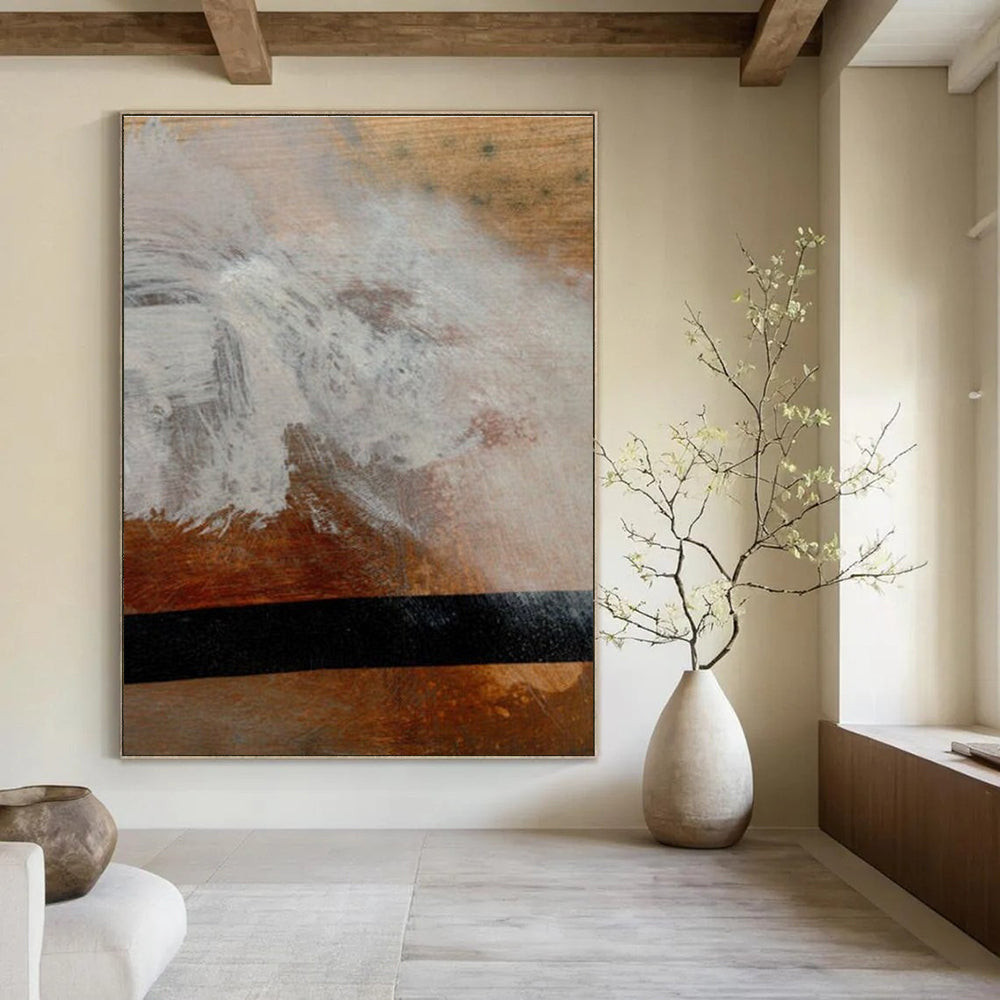 Textured Abstract Painting on Wood with White and Brown Tones ADGE185