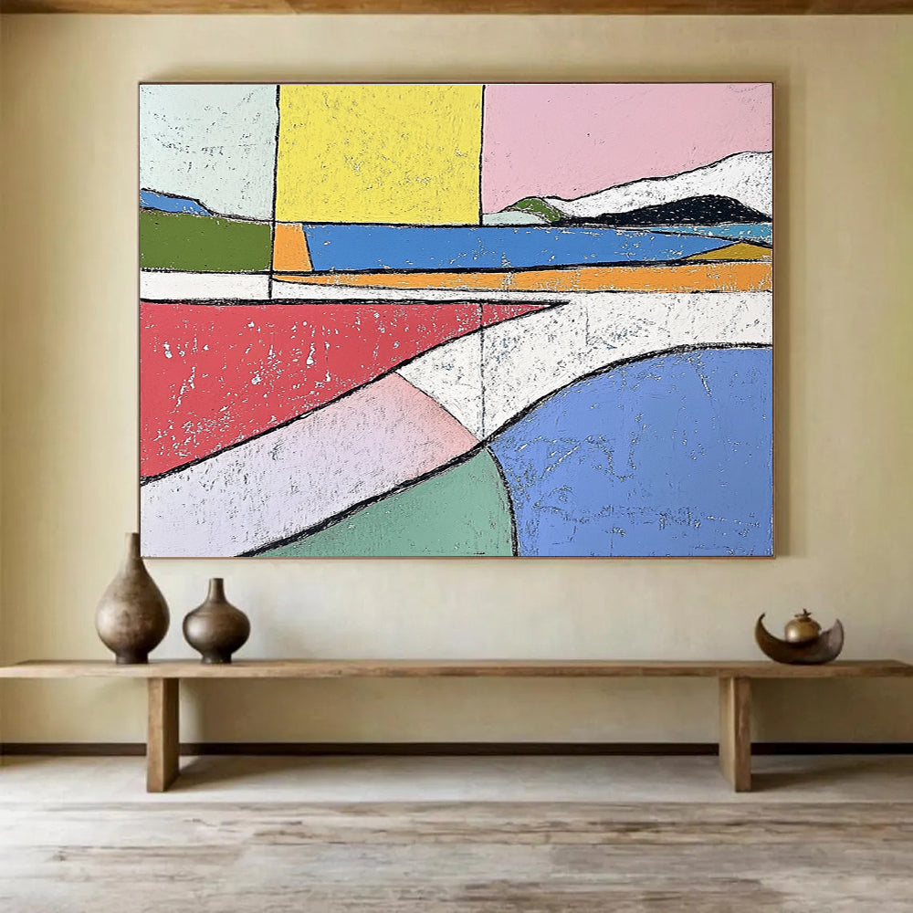 Large abstract painting in pastel colors featuring bold shapes and minimalistic design inspired by Etel Adnan and Henri Matisse.SC061