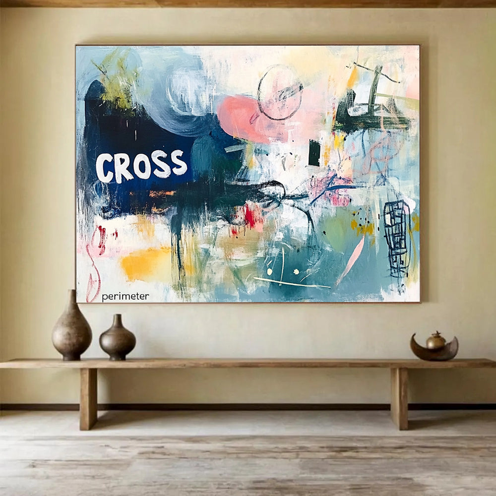 A large abstract painting featuring chaotic harmony in soft pinks blues and greens with textured layers and the text CROSS perimeter.SC307