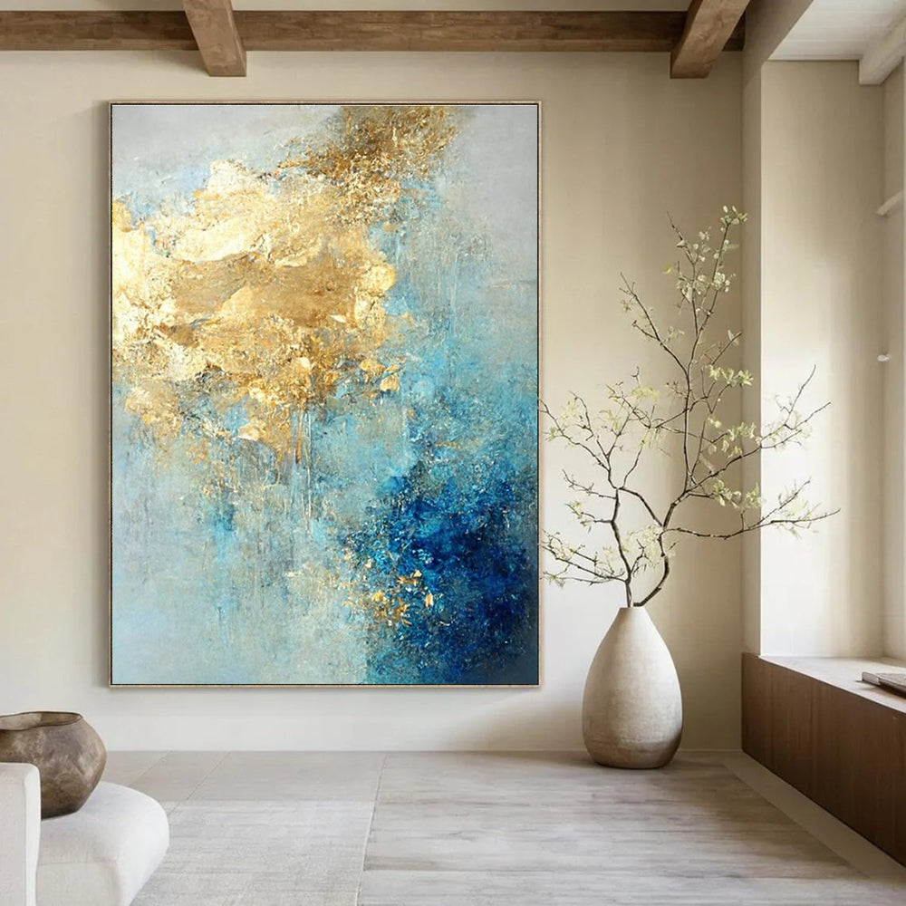 Blue and Gold Abstract Painting with Flowing Textures ADGE071