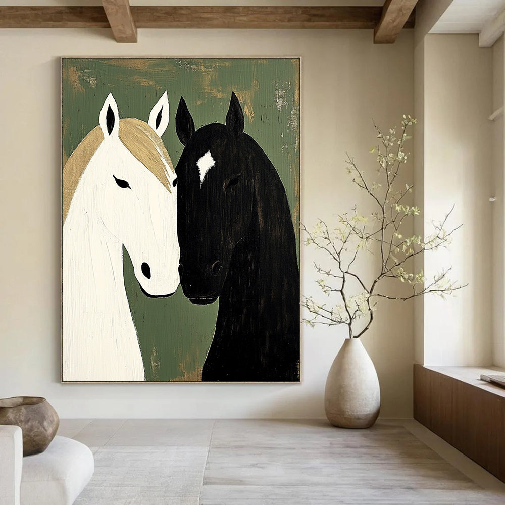 A large abstract painting featuring two horses in neutral tones against a green vintage farmhouse backdrop with a textured finish.STSC1453