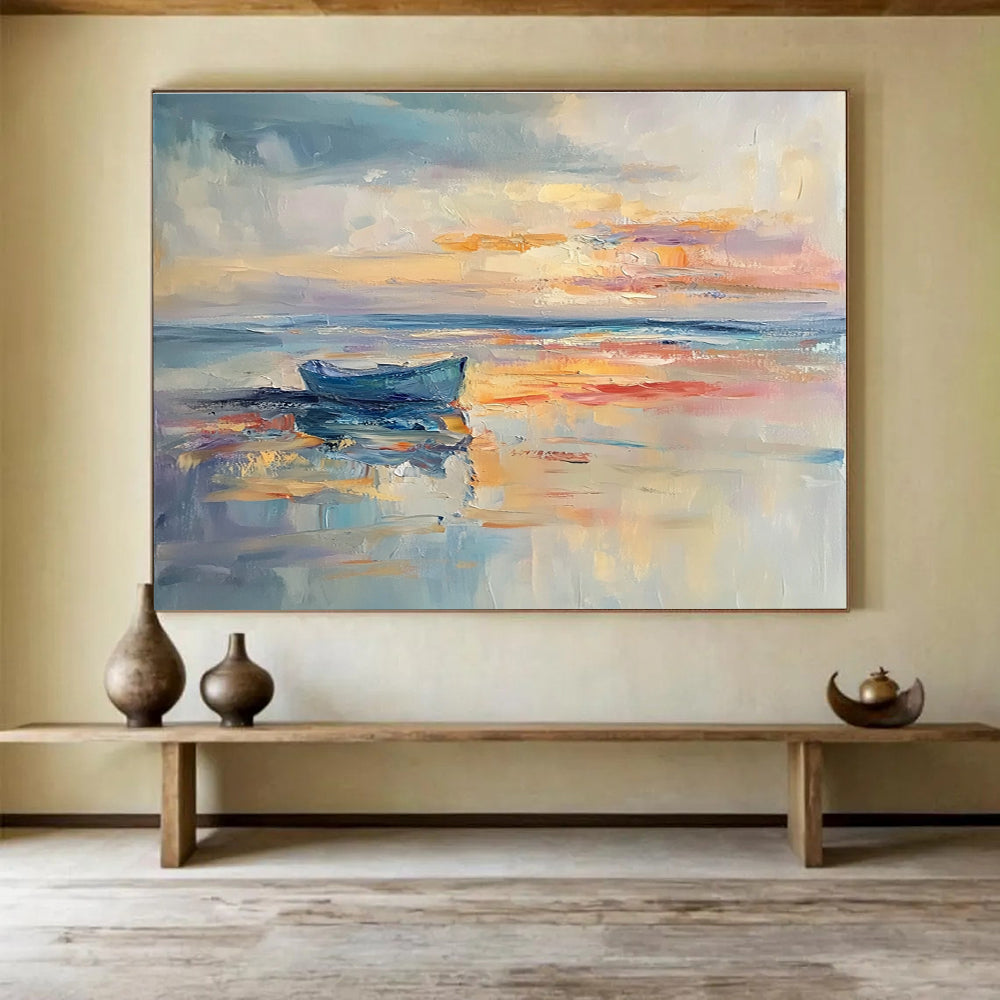 Large abstract painting of the sea featuring calming sunset colors on the horizon perfect for enhancing any space.SC133