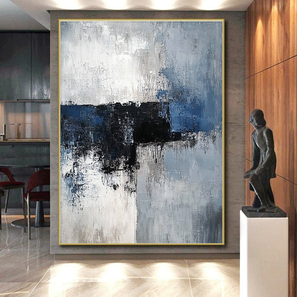 Blue Gray Abstract Painting with Dramatic Drips GER535