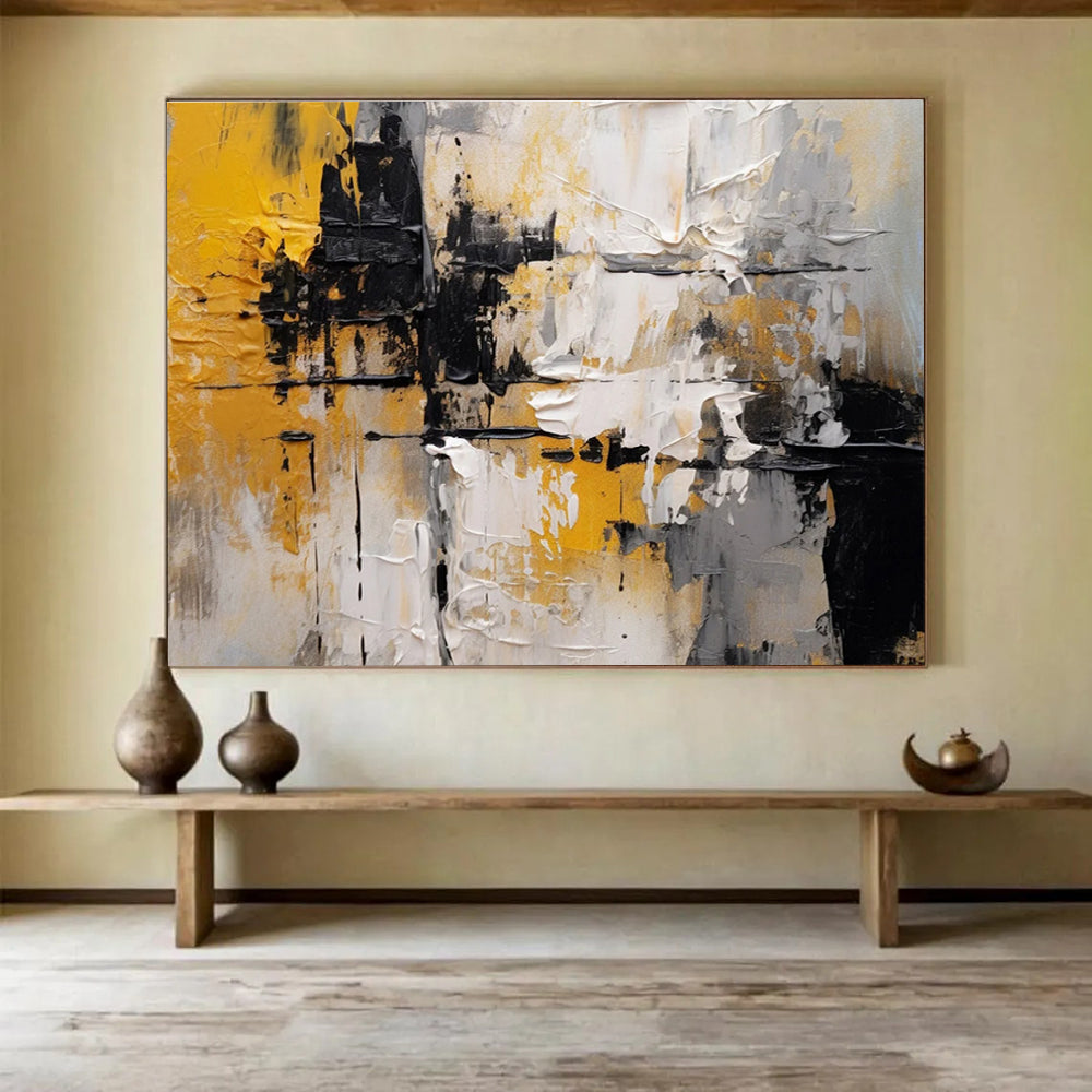 Yellow Black White Abstract Textured Painting THY084