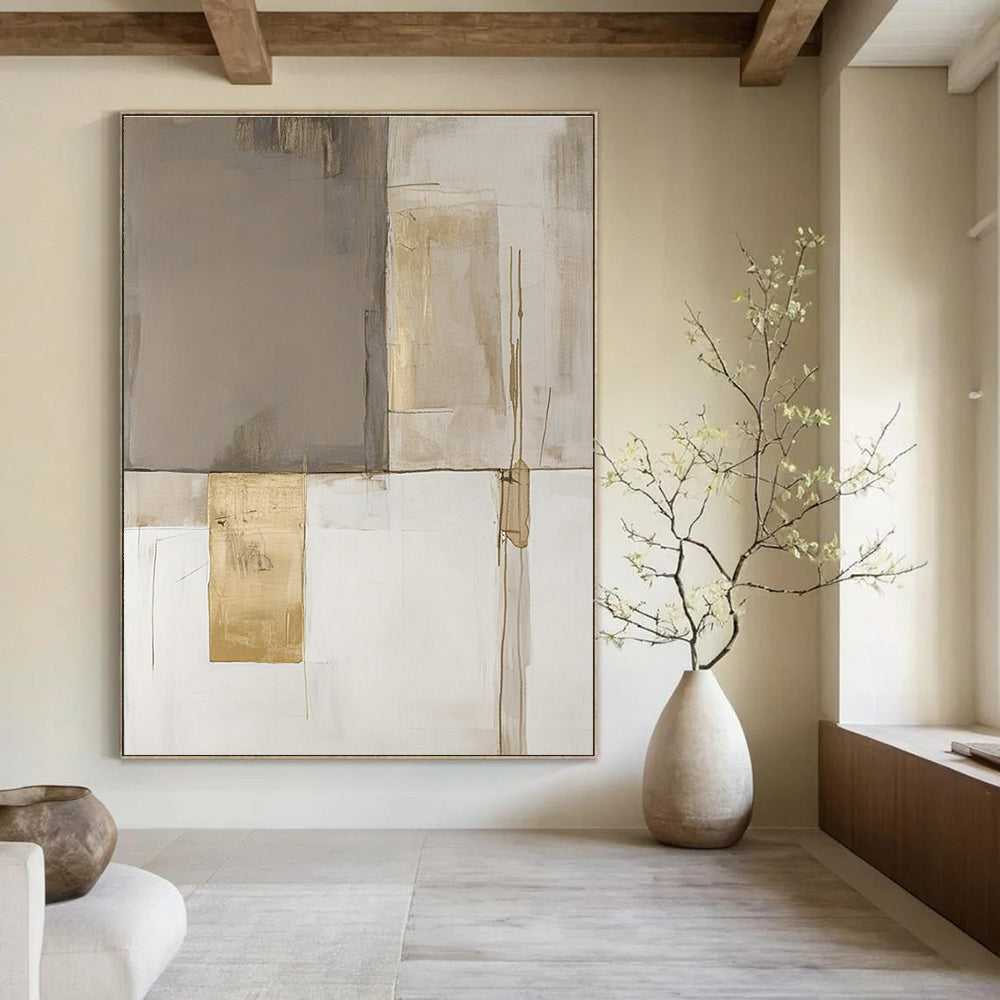 Large abstract painting in minimalist style featuring beige and white blocks with gold accents in soothing neutral tones.STSC245