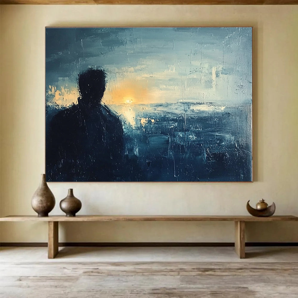 Silhouette by the Sea Abstract Painting with Dark and Light Blues DYP228