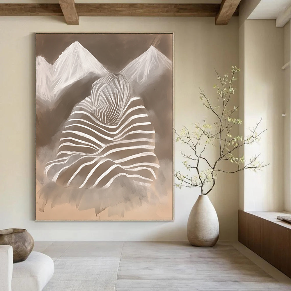 Abstract chalk drawing featuring zebra print with mountains and a woman's silhouette wrapped in a striped blanket in soft atmospheric tones.STSC1474
