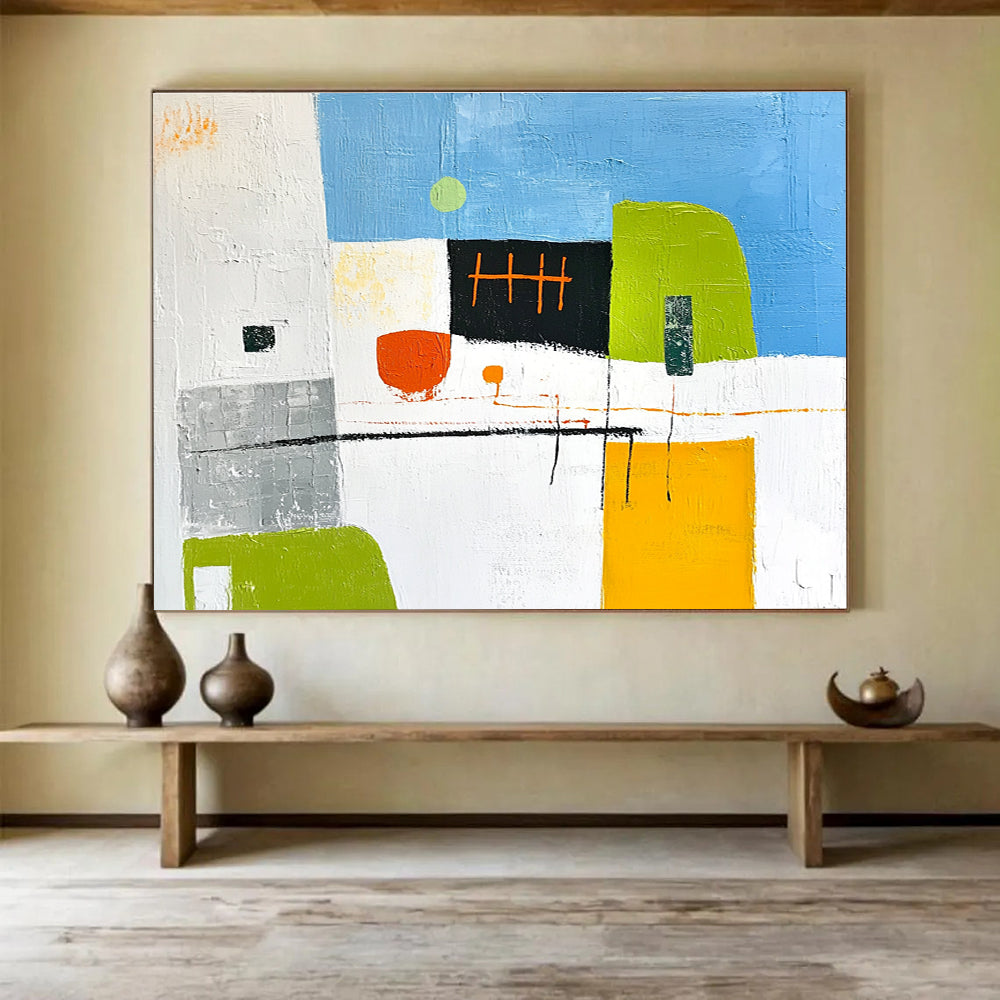 Abstract modern painting featuring architectural elements in green and yellow accents with orange lines grey buildings and a blue sky on a white background.SC099