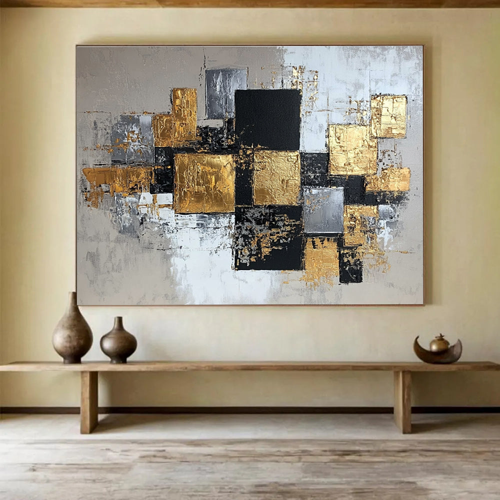An abstract modern painting featuring elegant gold, silver, and gray squares on canvas, creating a sophisticated composition for any space.SC318