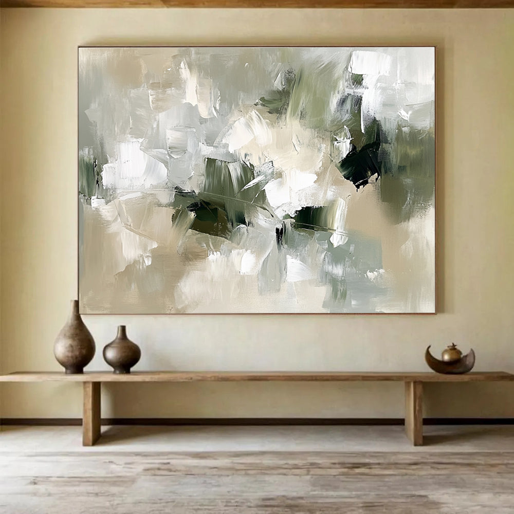 Large abstract painting in neutral colors with green and white thick brush strokes and organic shapes in an impressionistic style.SC351