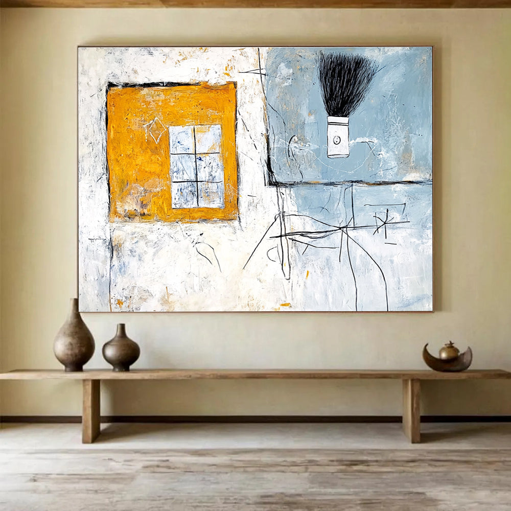 Window and Brush Abstract Painting with Yellow Blue and White Tones DYP340