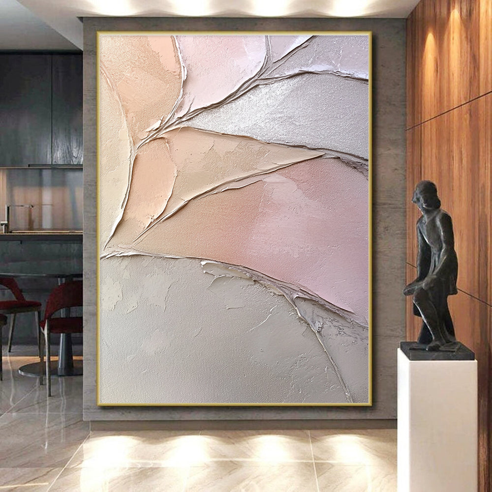 Pink and Beige Textured Abstract Painting with Leaf - like Forms GER053