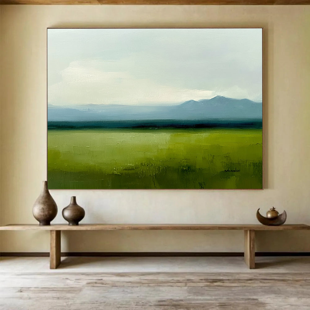 Vast Green Plain Abstract Painting with Green and Blue Tones DYP567