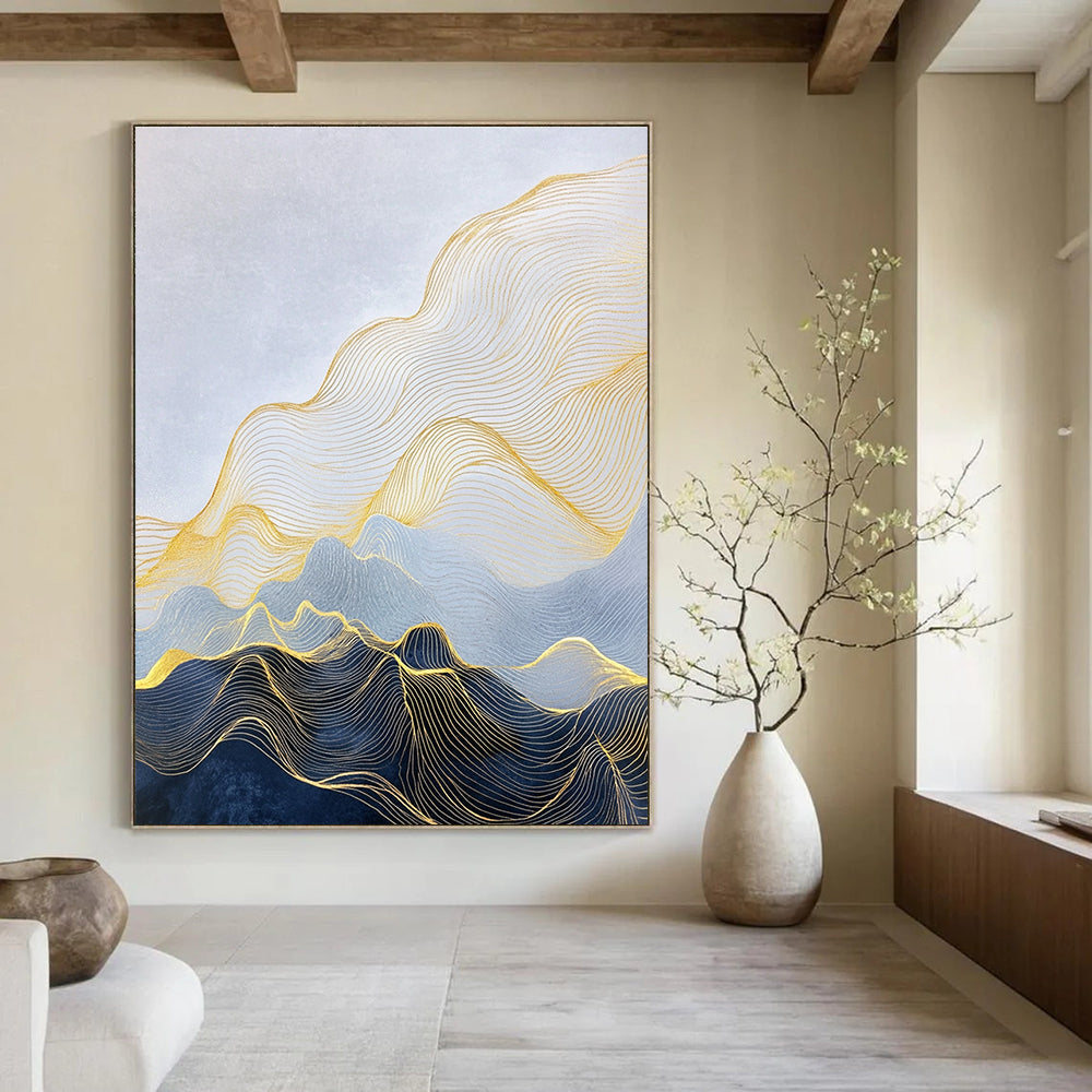 Large abstract painting depicting a minimalist landscape with golden lines forming mountains and delicate details in smooth waves and curves.STSC1257