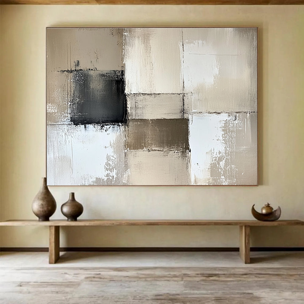 Large abstract painting in beige and white with textured brush strokes and gray accents, perfect for enhancing neutral wall decor.SC369