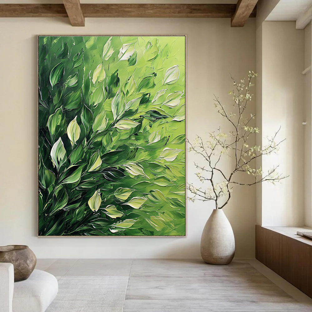 Large Abstract Painting Featuring Lush Foliage With Thick Brush Strokes Set Against A High Contrast Vibrant Green Background.STSC1310