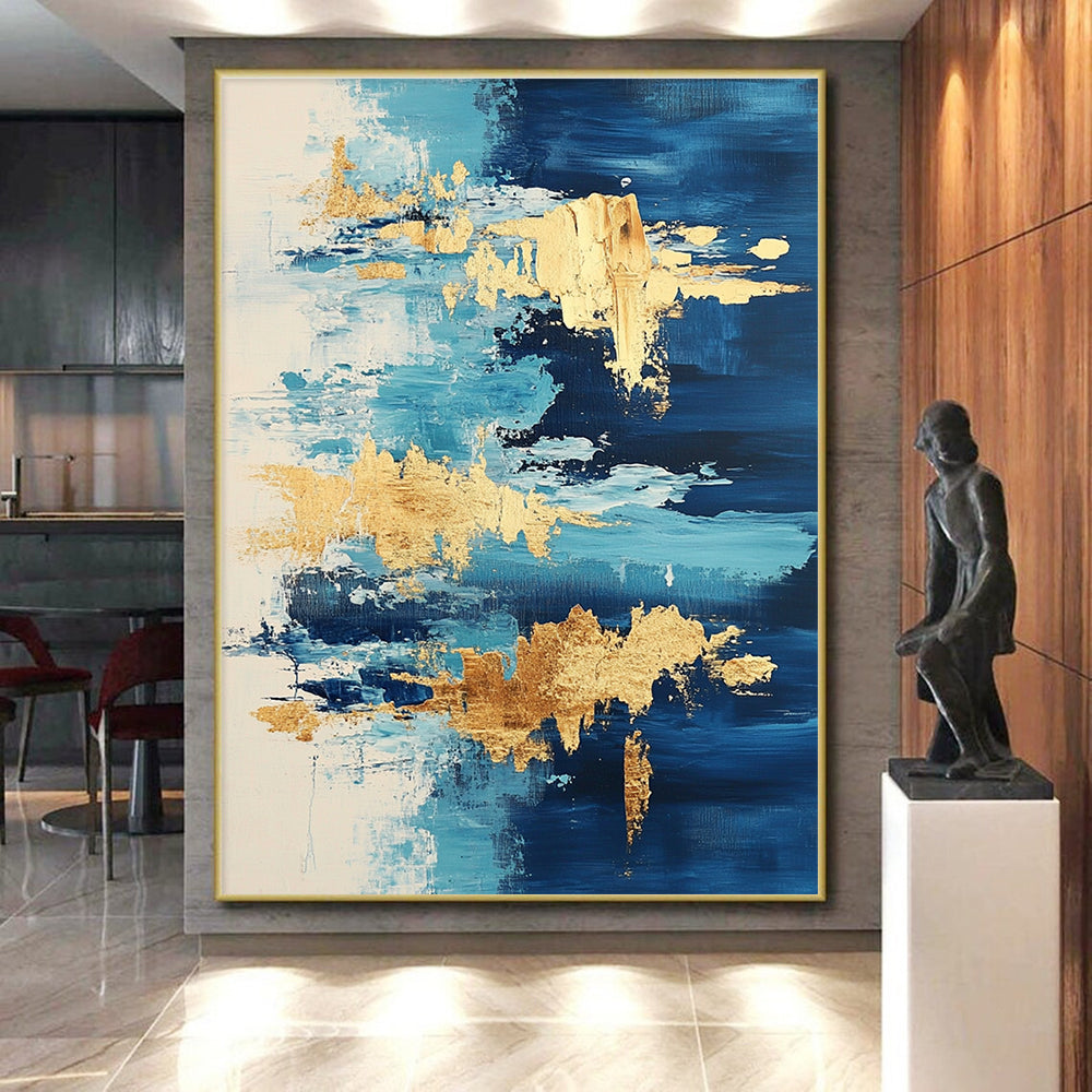 Light Blue and Gold Abstract Painting with Flowing Forms GER373