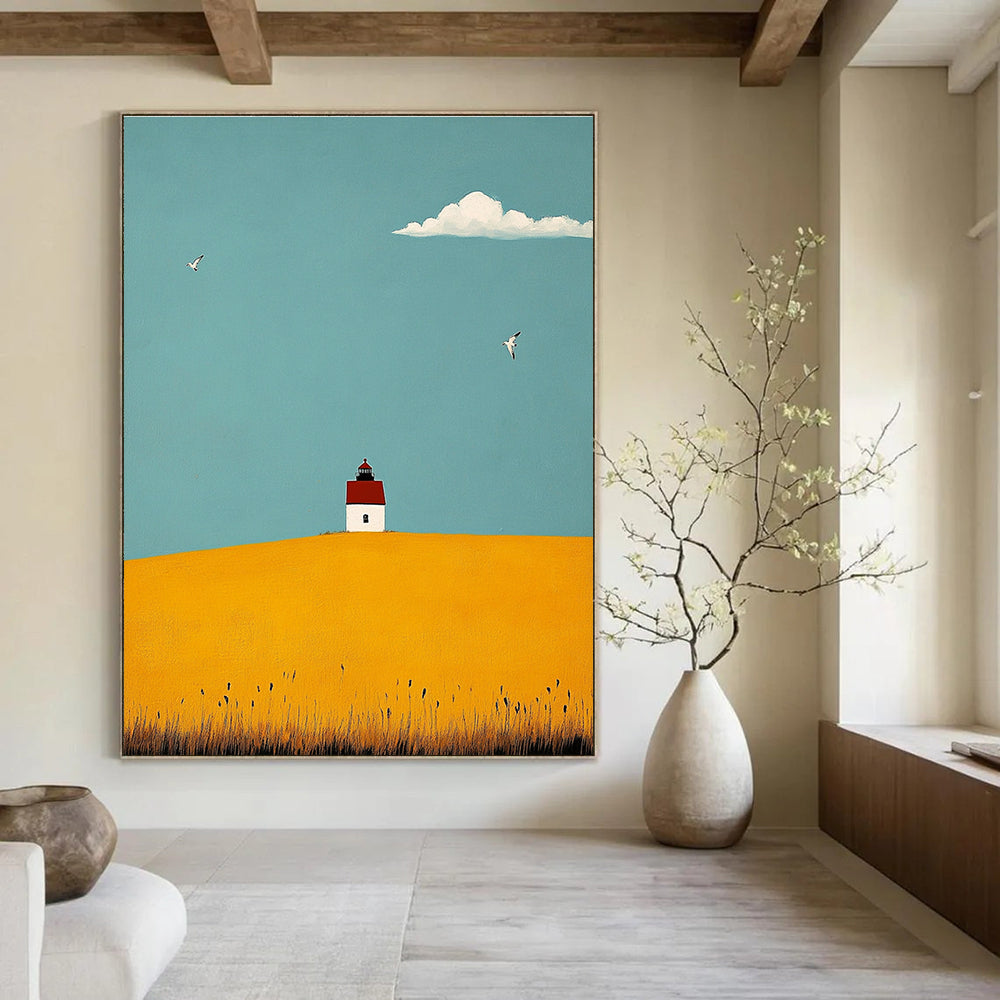 Abstract painting featuring a lighthouse, yellow fields, seagulls, and a vibrant blue sky using soft brushstrokes and tranquil colors.STSC1039