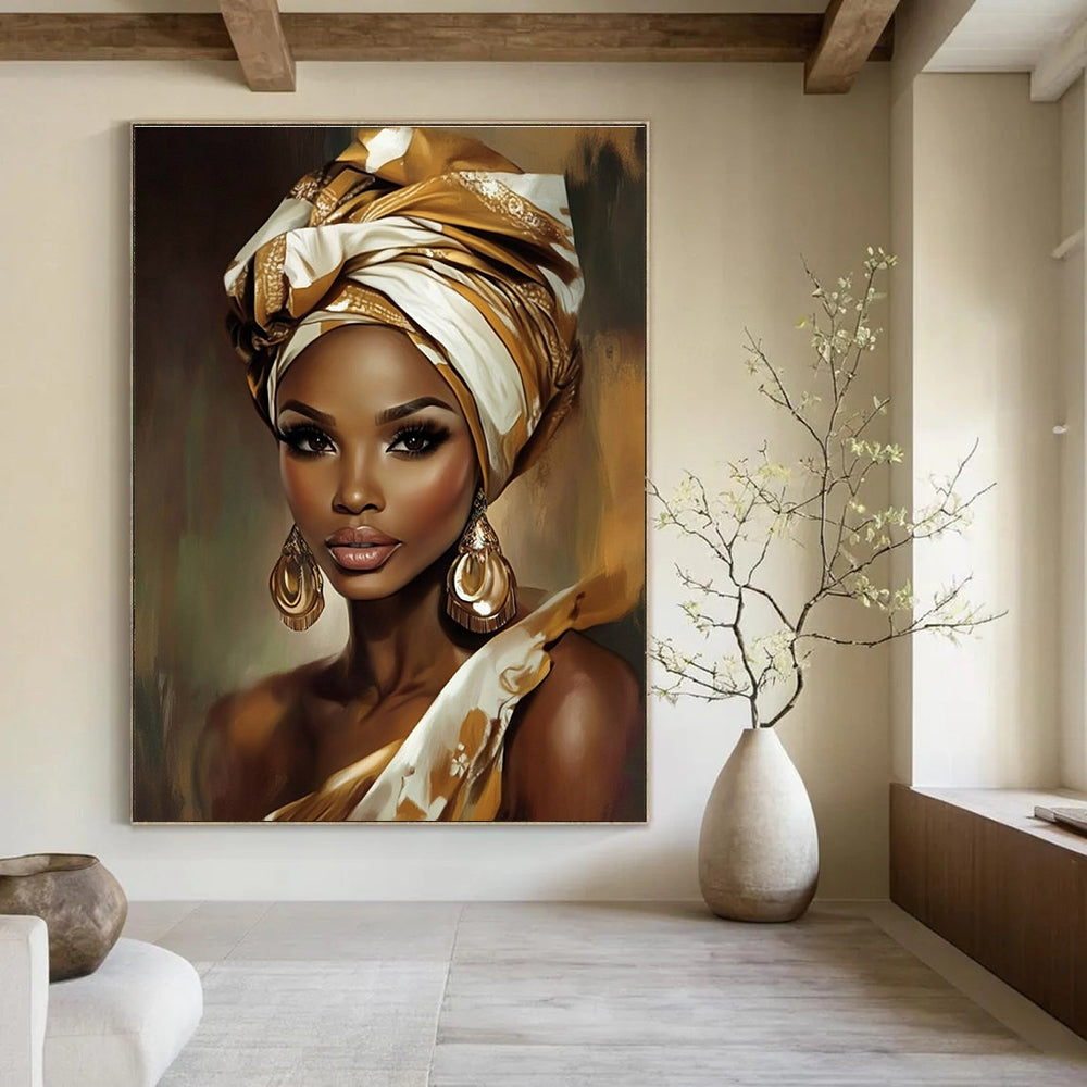A large abstract painting showcasing a beautiful African woman adorned with a gold and white head wrap and large earrings.STSC892