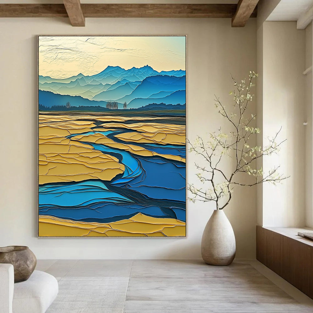 Large Abstract Painting Depicting A Surreal Winter Landscape With The Yellow River Distant Mountains And Vibrant Colors In A Layered Composition.STSC1438
