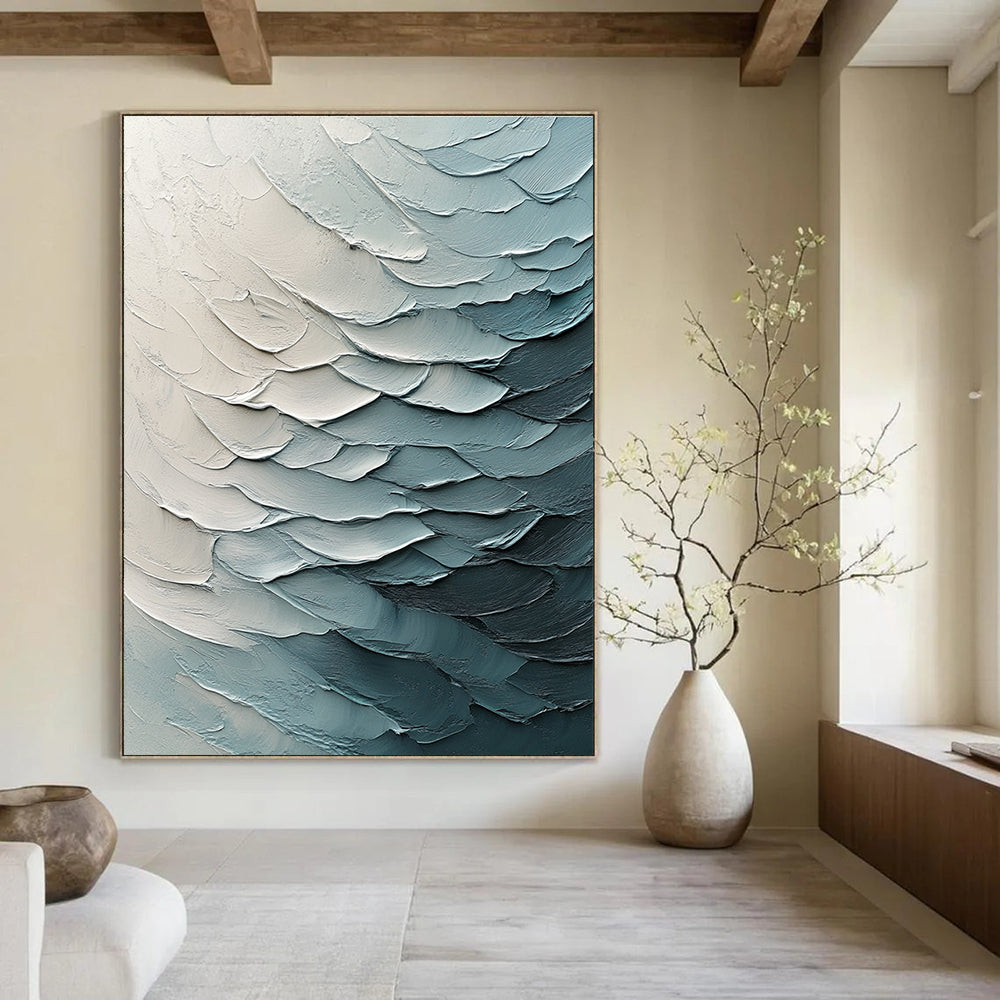 Large abstract painting with textured canvas and impasto strokes features fluid waves in light blue tones and volumetric lighting.STSC204