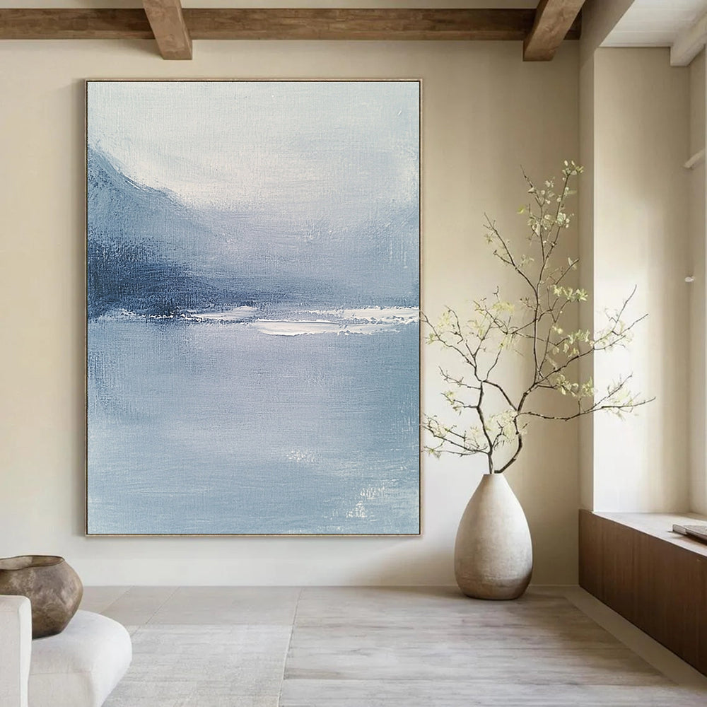 Abstract blue-gray sea artwork featuring a soft misty atmosphere inspired by Whistler's style designed to enhance any elegant space.STSC029