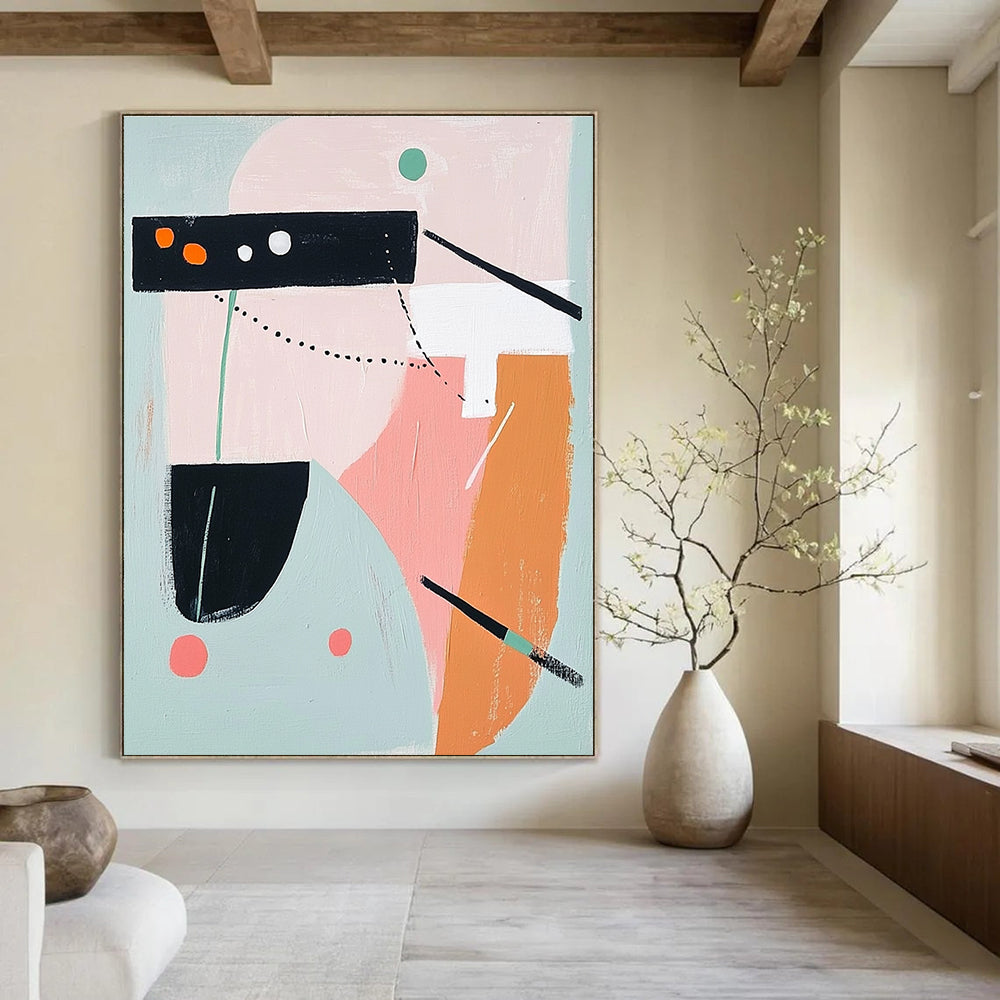 Abstract painting featuring bold shapes and lines in pink grey orange teal green and black and white evoking airplane elements with thick brush strokes.STSC691