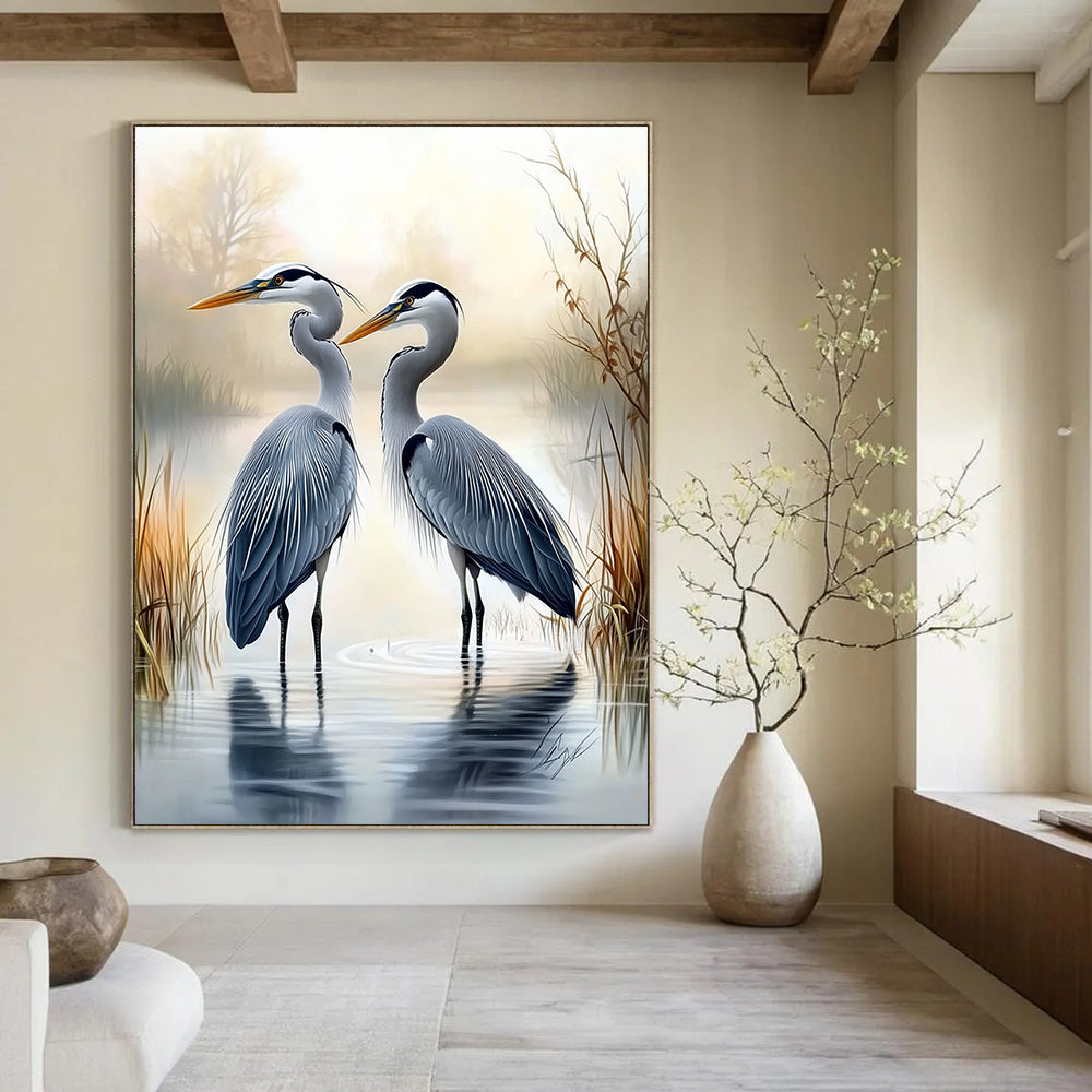 A large abstract painting featuring two herons in water with a misty swamp background in the style of Larry Elmore.STSC1450