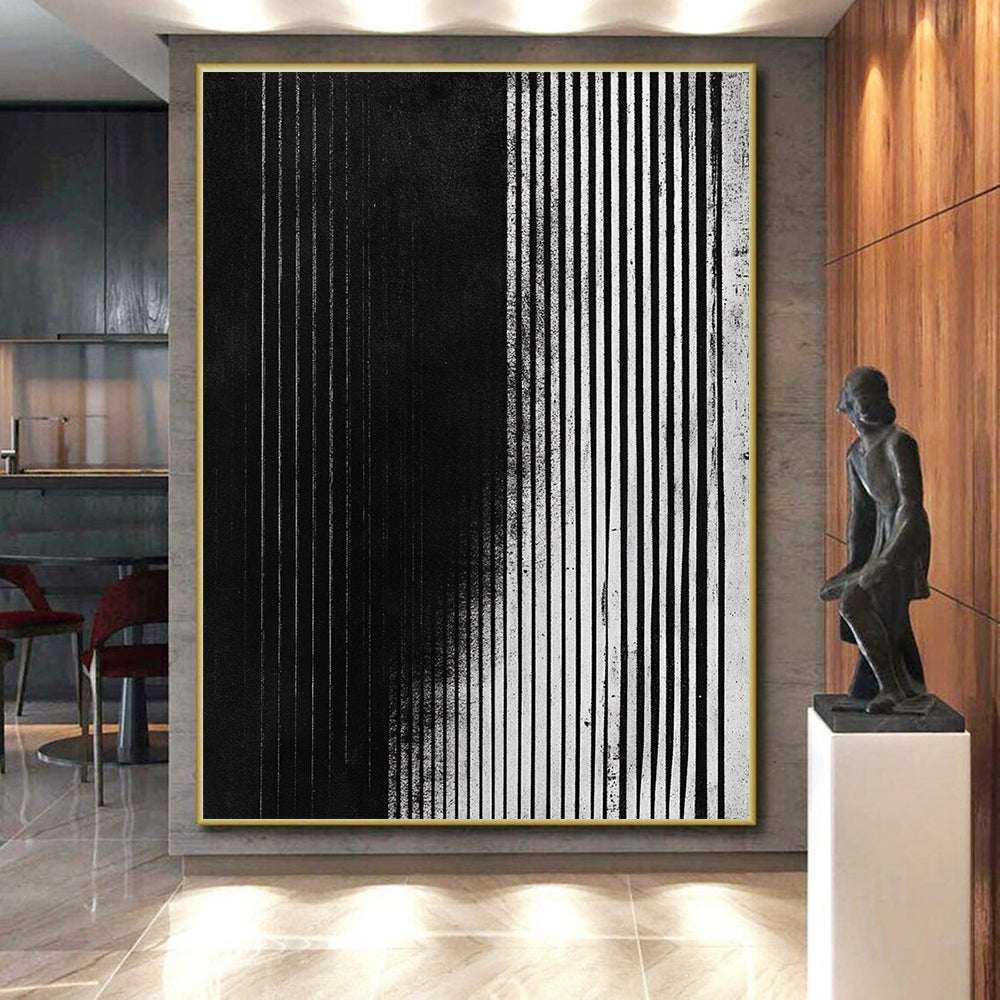 Black and White Vertical Lines Abstract Painting with Textured Surfaces GER013