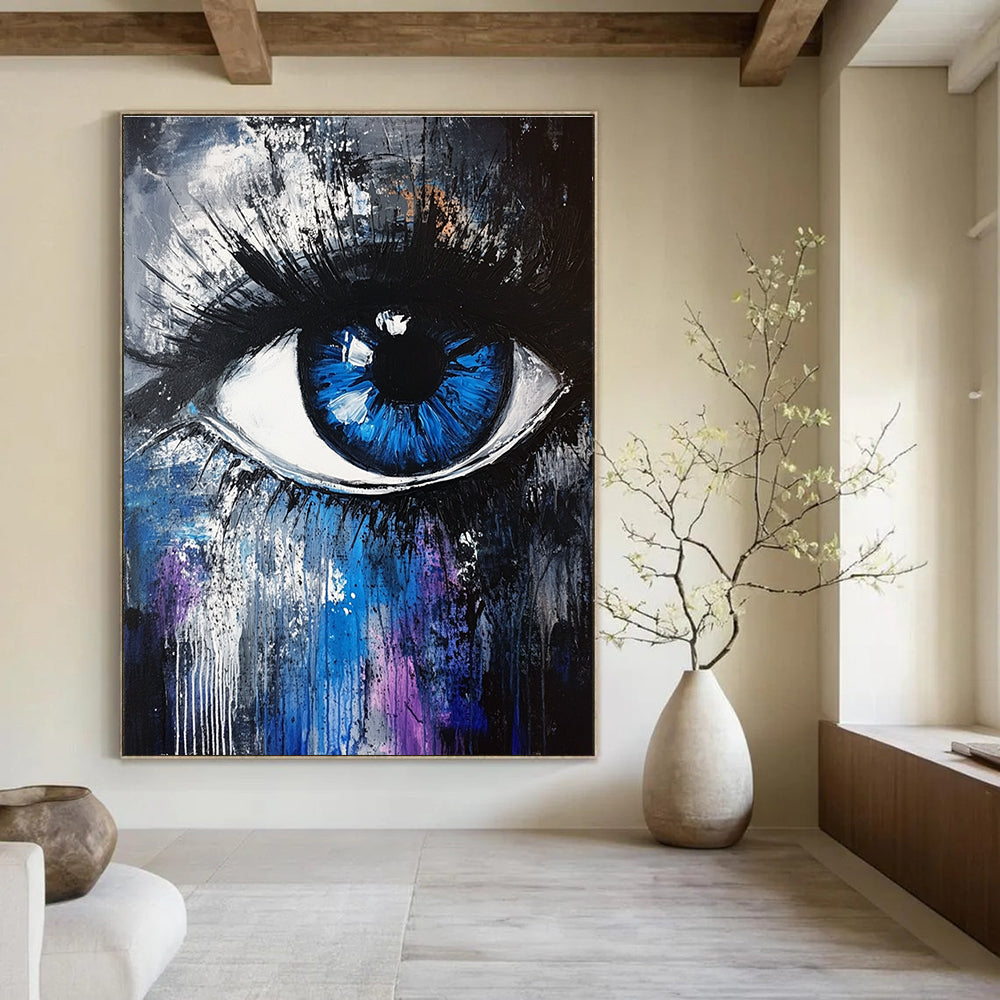 Large abstract painting featuring a blue and white iris with expressive brush strokes and a dark gray background accented by blue and purple.STSC647