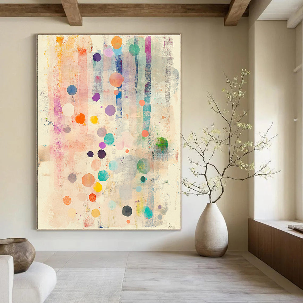 A large abstract watercolor painting featuring soft pastel colors with polka dots and delicate flowers evoking calmness and serenity.STSC1203
