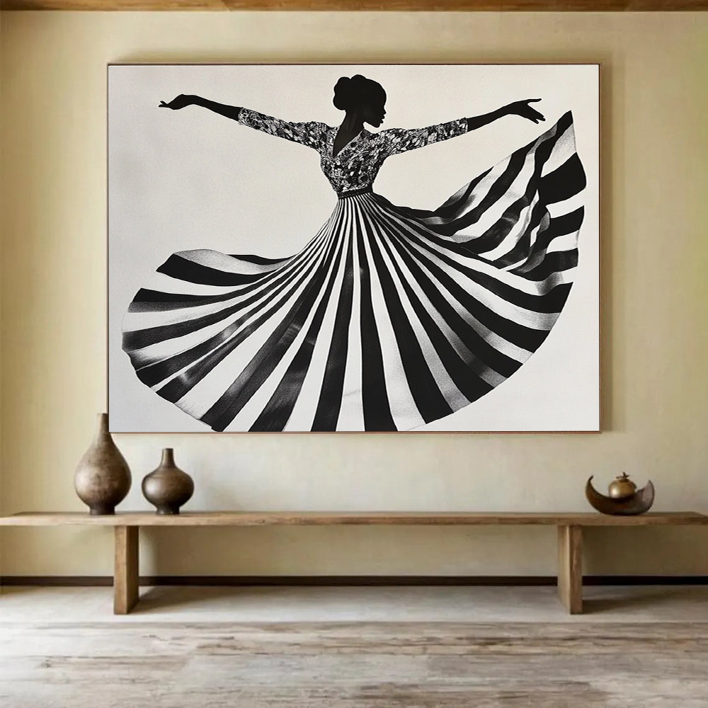 Black White Floral - Patterned Dress Dancing Silhouette Abstract Painting DYP020