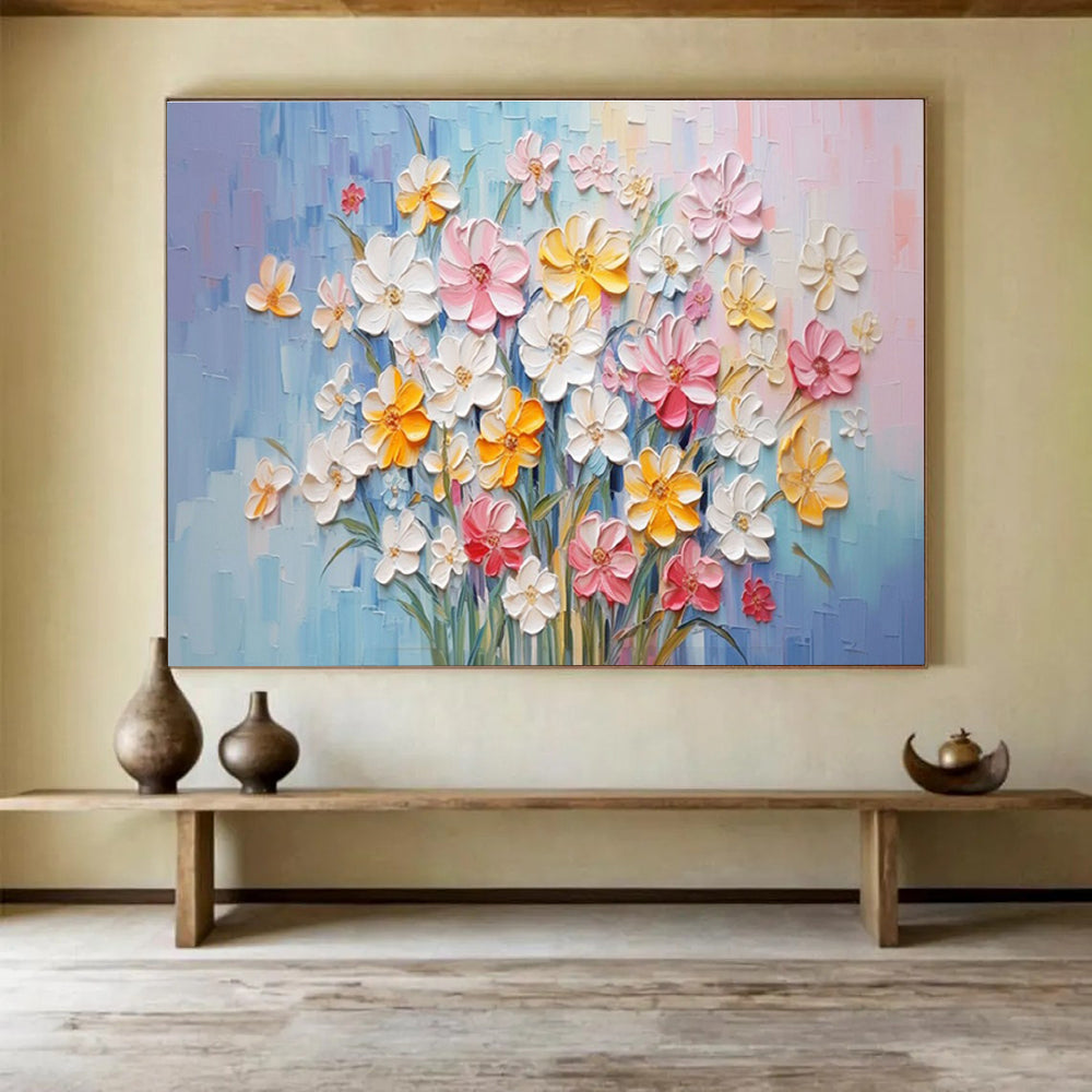 Textured Flower Bouquet Abstract Painting with Pink, Yellow, and White Tones THY210