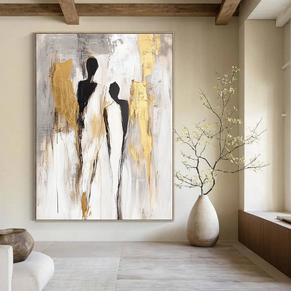 Large abstract painting in neutral tones with gold accents featuring soft gestural figures and delicate brush strokes on a light grey background.STSC440