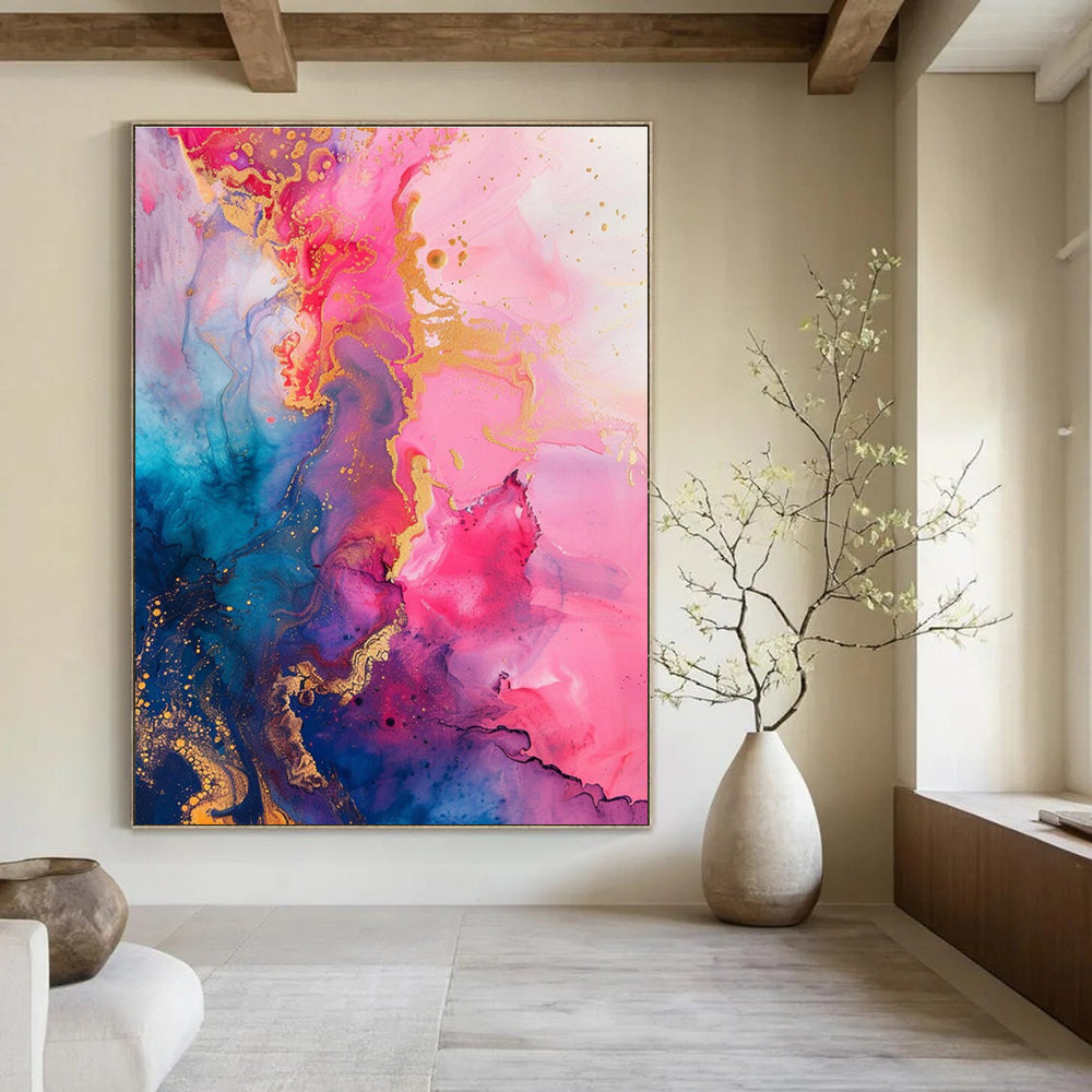 Pink Blue and Gold Fluid Abstract Painting ADGE286