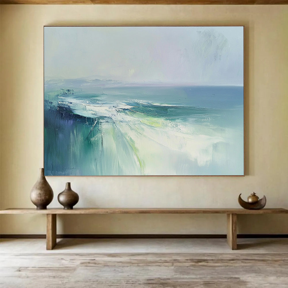 Large abstract painting of the sea with soft blues and greens, evoking a misty morning atmosphere in an ethereal and emotional style.SC047