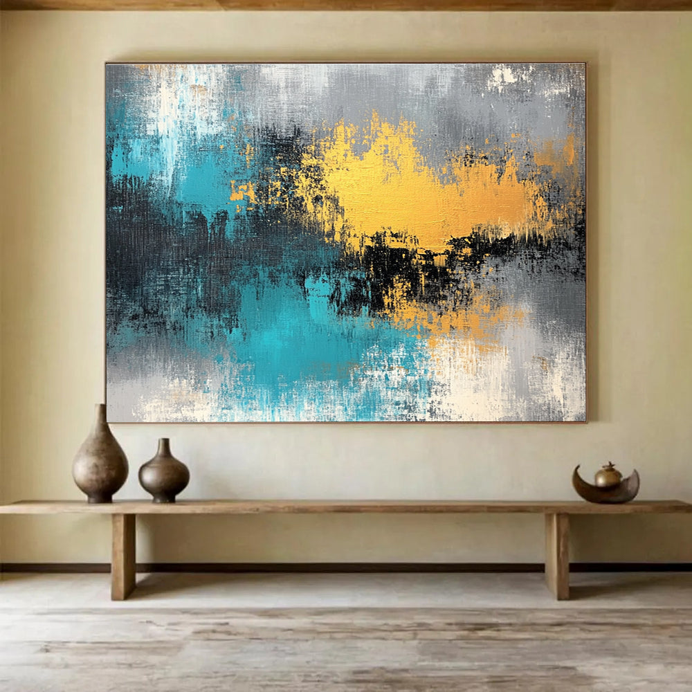 Blue and Gold Abstract Painting with Textured Brushstrokes DYP419