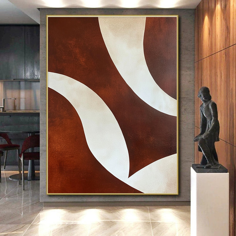 Brown and White Curved Shapes Abstract Painting with Smooth Lines GER030
