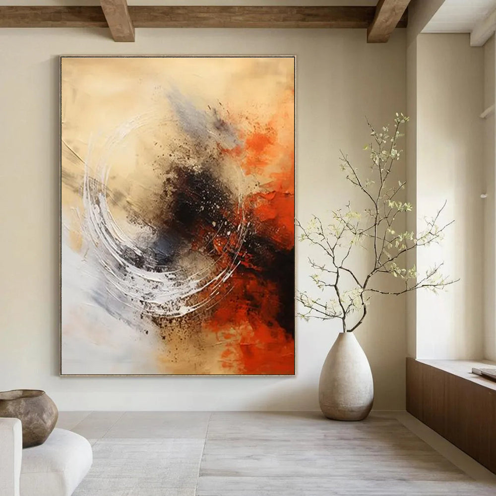 Circular Motion in Warm Hues Abstract Painting with Beige, Orange, and Black ADGE121