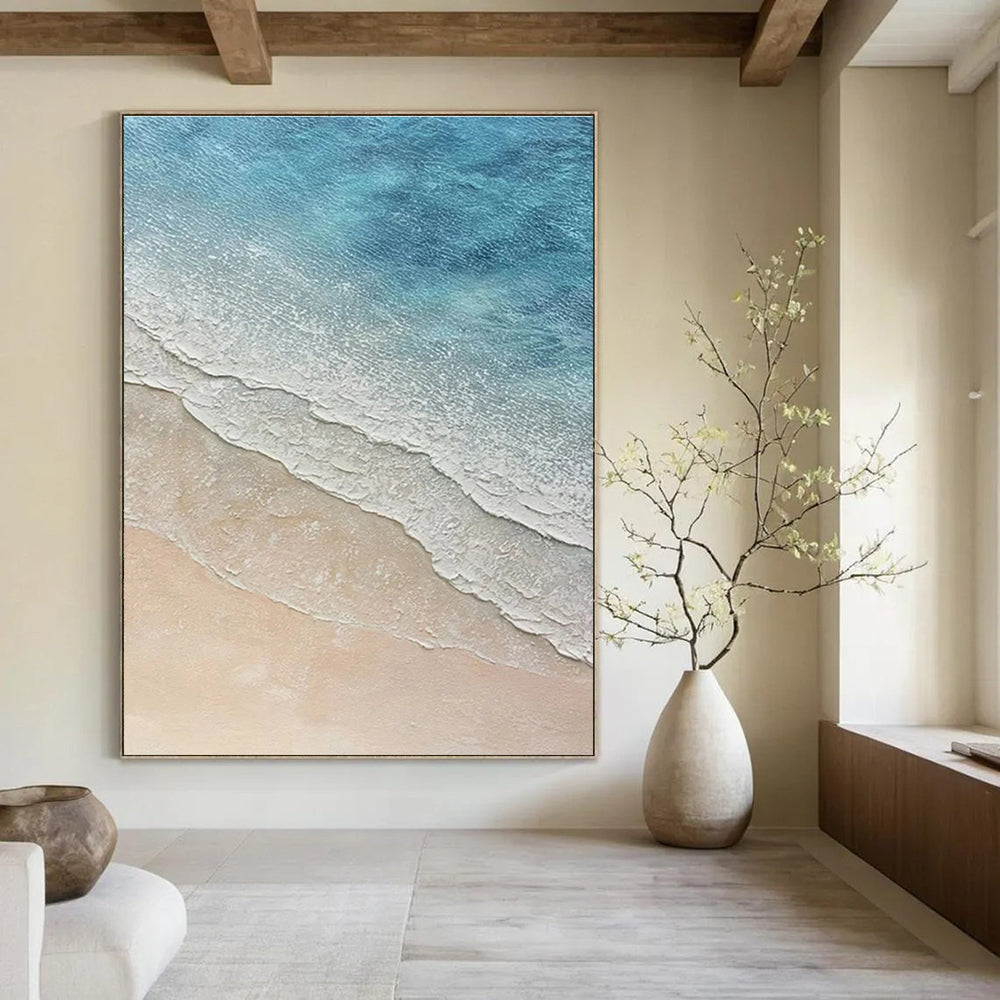 Blue and Beige Beach Wave Abstract Painting with Textured Layers ADGE314