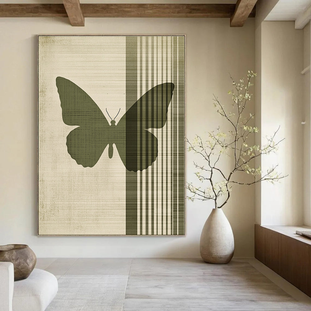 Abstract painting featuring a green butterfly on a beige background with vertical lines and vintage texture in muted colors.STSC1009